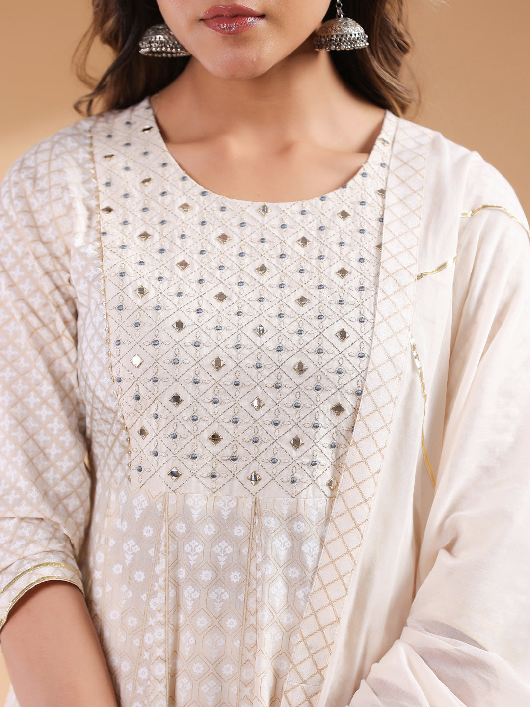 Beige Pure Cotton Ethnic Motifs Printed Anarkali Kurta Set - qivii