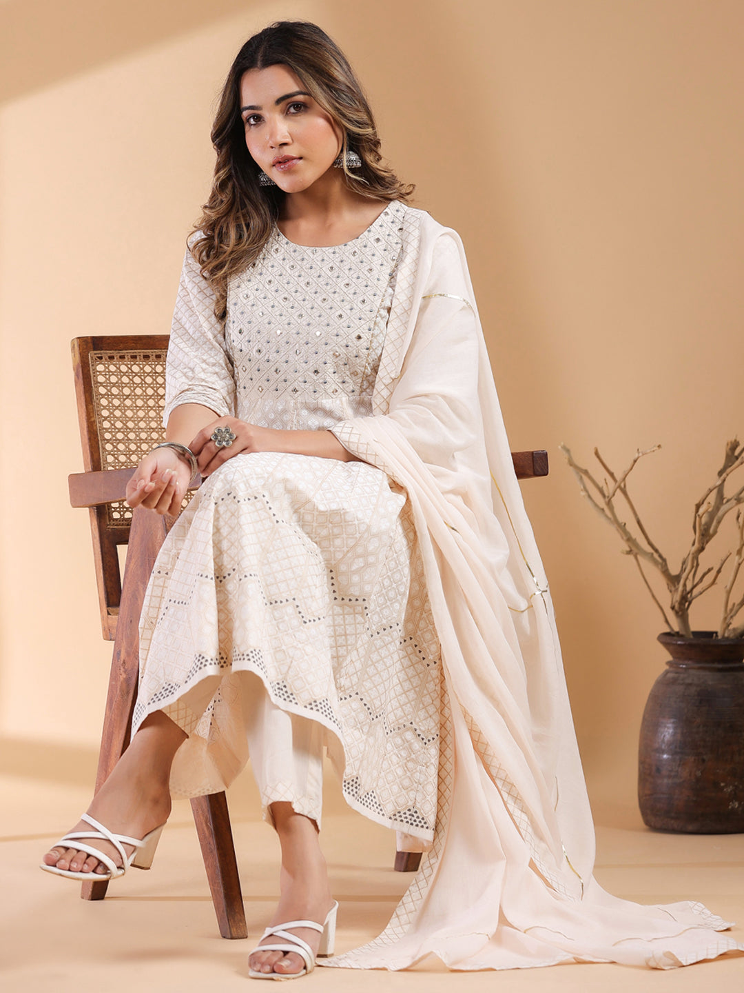 Beige Pure Cotton Ethnic Motifs Printed Anarkali Kurta Set - qivii