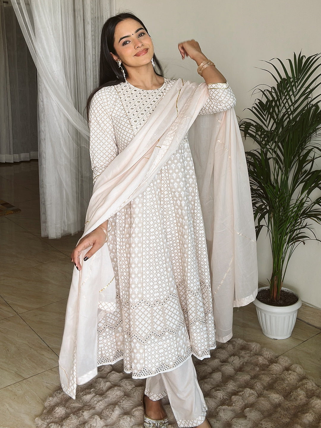 Beige Pure Cotton Ethnic Motifs Printed Anarkali Kurta Set - qivii