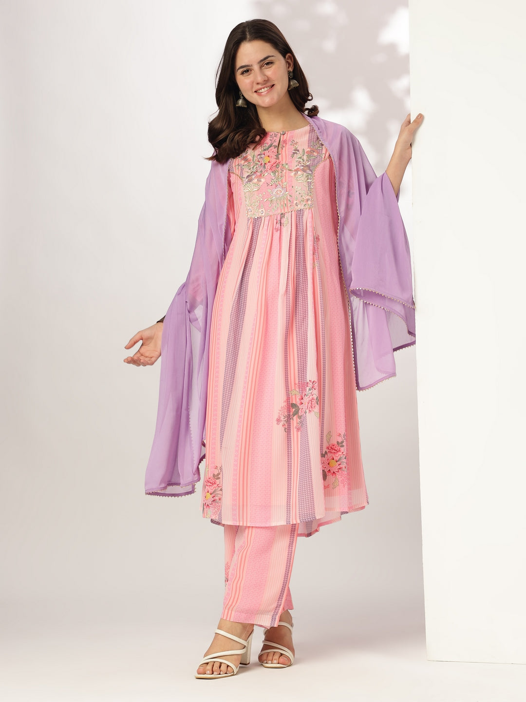 Pink Georgette Floral Embroidered A-line Kurta Set - qivii