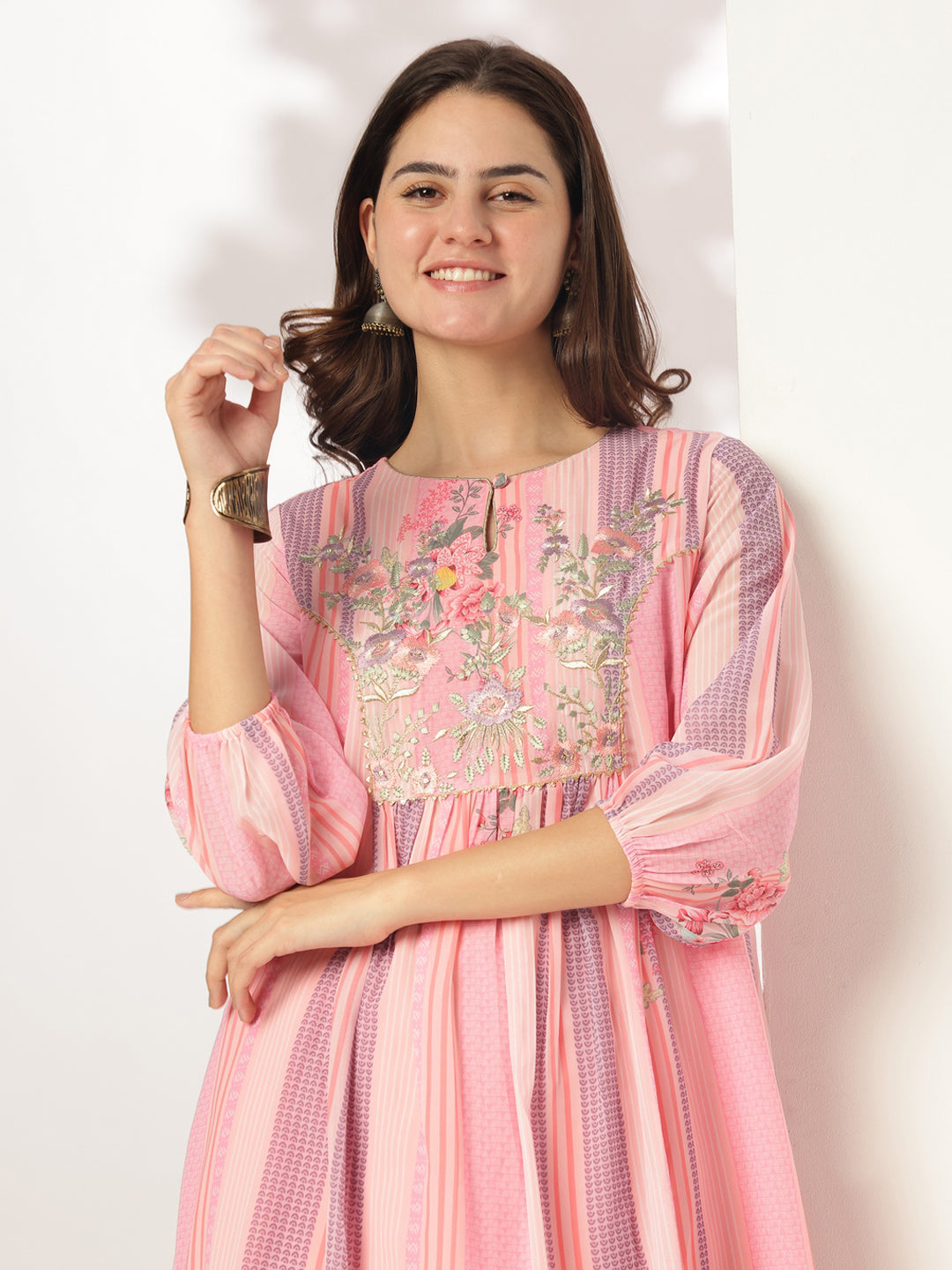 Pink Georgette Floral Embroidered A-line Kurta Set - qivii