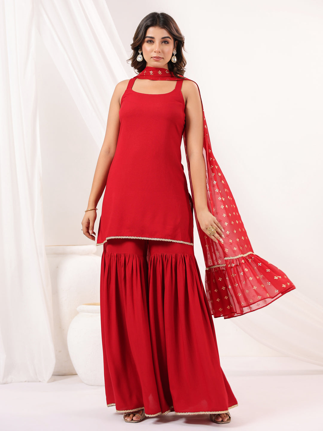 Janasya Women's Red Rayon Embellished Straight Kurti With Sharara & Dupatta Set - qivii