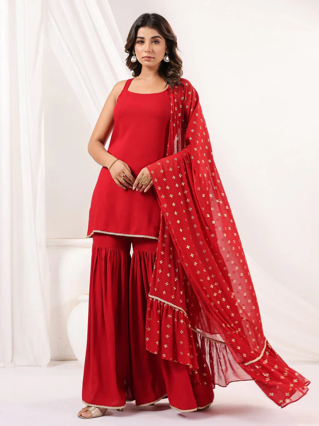 Janasya Women's Red Rayon Embellished Straight Kurti With Sharara & Dupatta Set