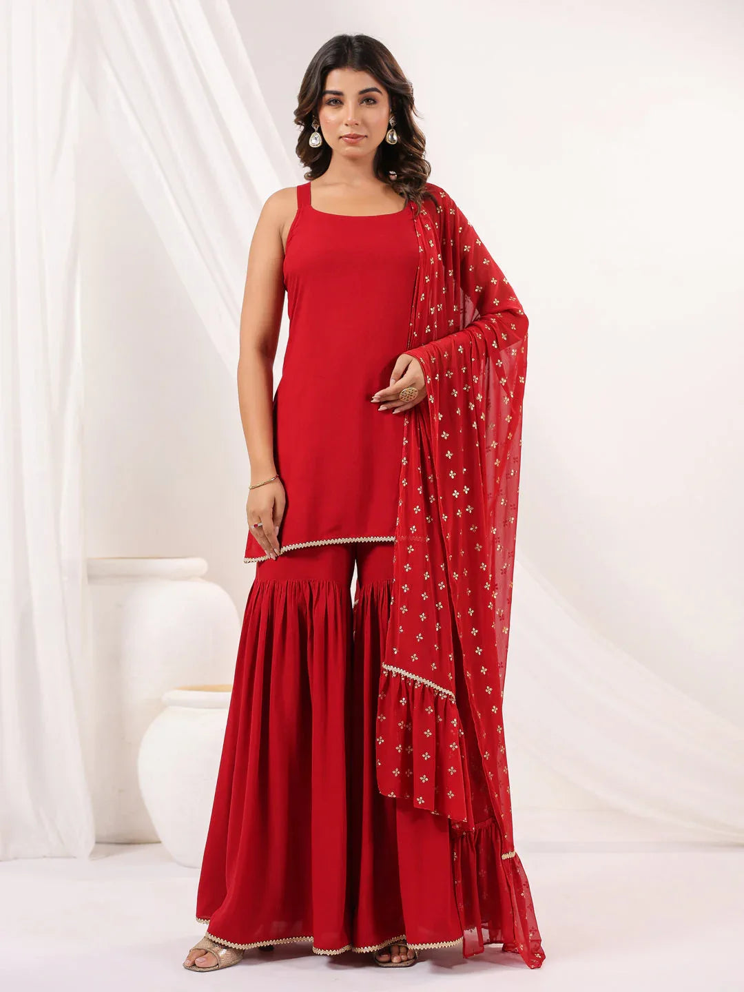 Janasya Women's Red Rayon Embellished Straight Kurti With Sharara & Dupatta Set
