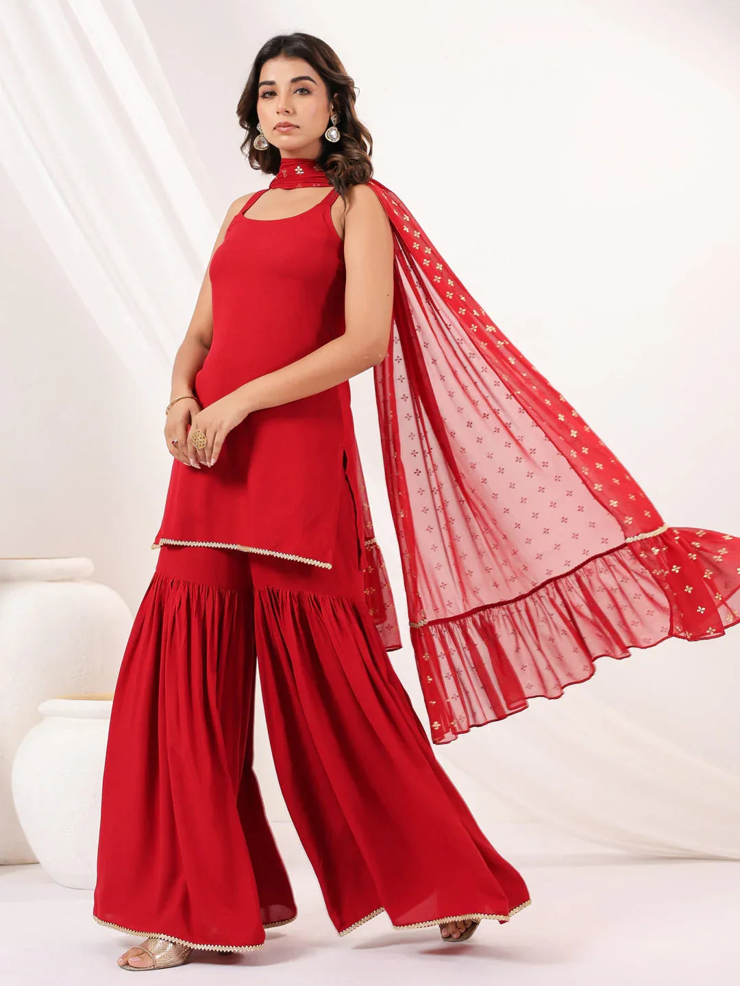 Janasya Women's Red Rayon Embellished Straight Kurti With Sharara & Dupatta Set