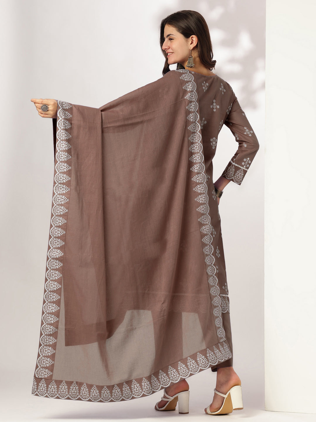 Janasya Women's Brown Pure Cotton Ethnic Motifs Printed A-line Kurta Set - qivii