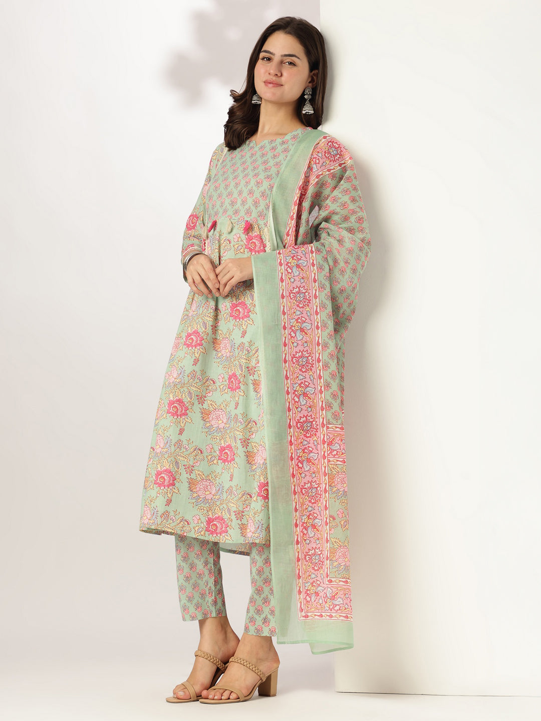 Aqua Pure Cotton Floral Printed A-line Kurta Set - qivii
