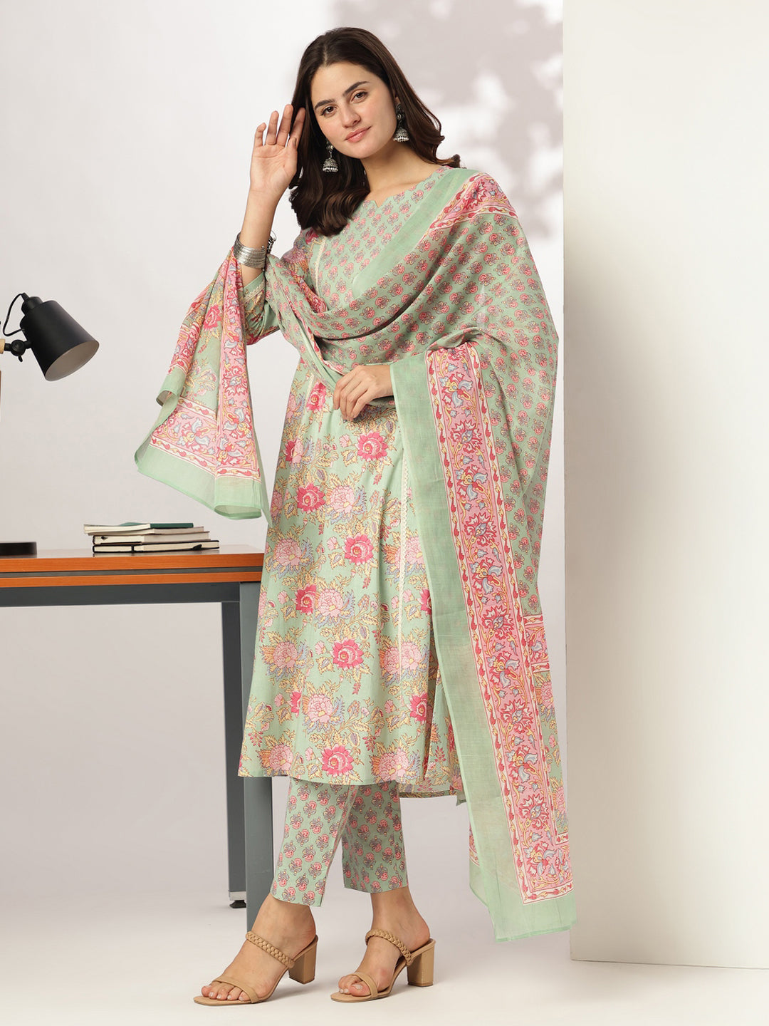 Aqua Pure Cotton Floral Printed A-line Kurta Set - qivii