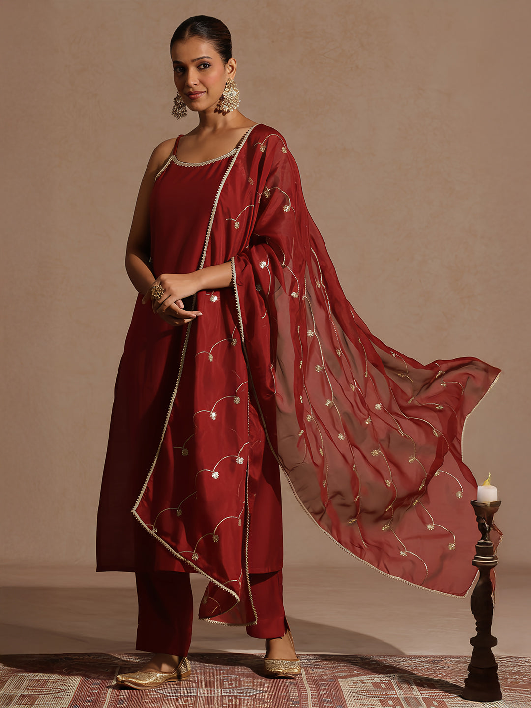 Janasya Women's Maroon Silk Blend Embellished Straight Kurta Set