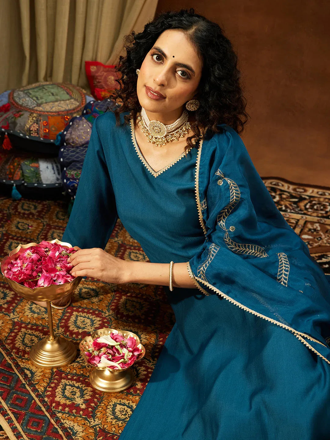 Janasya Women's Teal Blue Silk Blend Embellished Straight Kurta Set