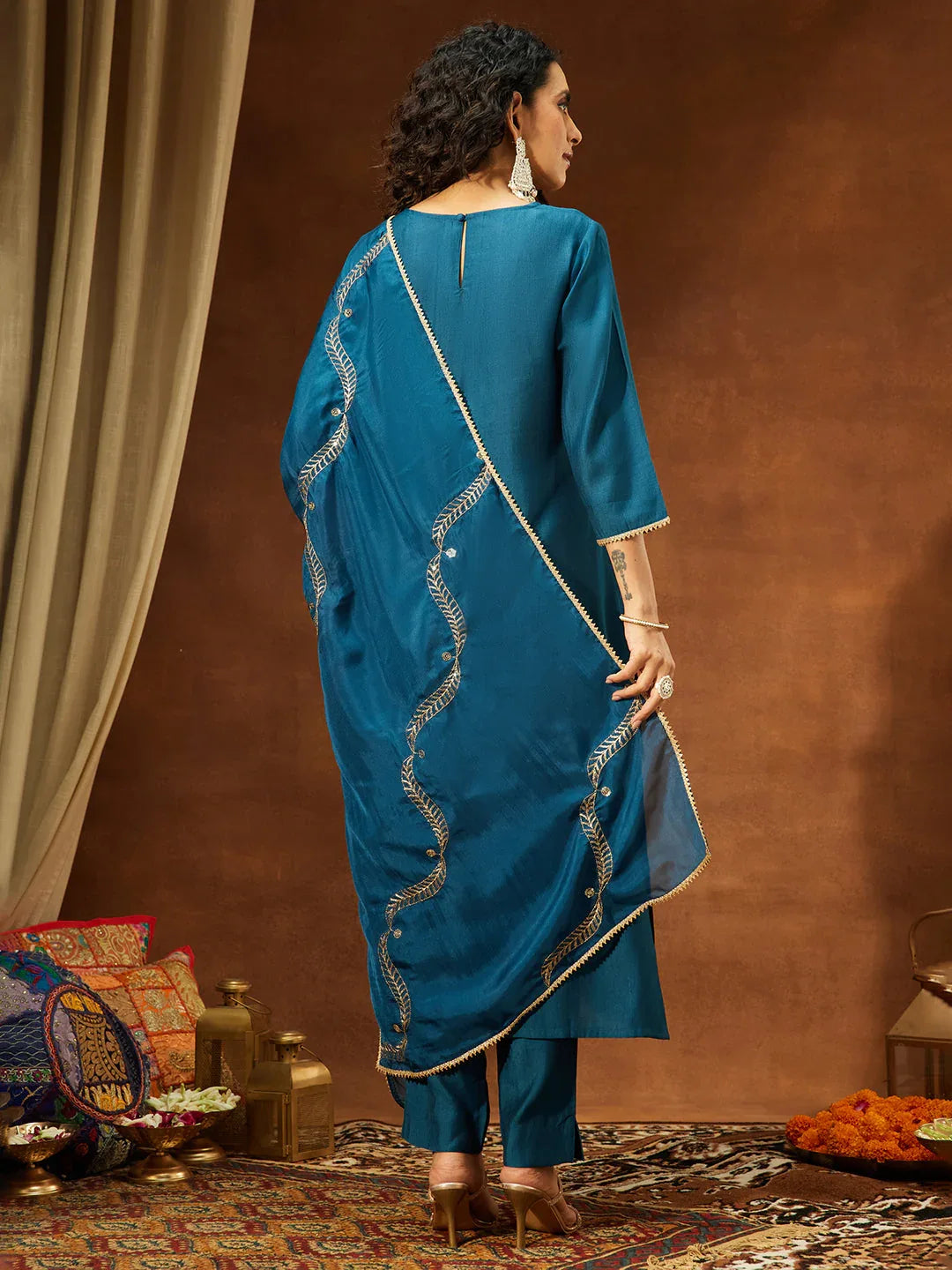 Janasya Women's Teal Blue Silk Blend Embellished Straight Kurta Set