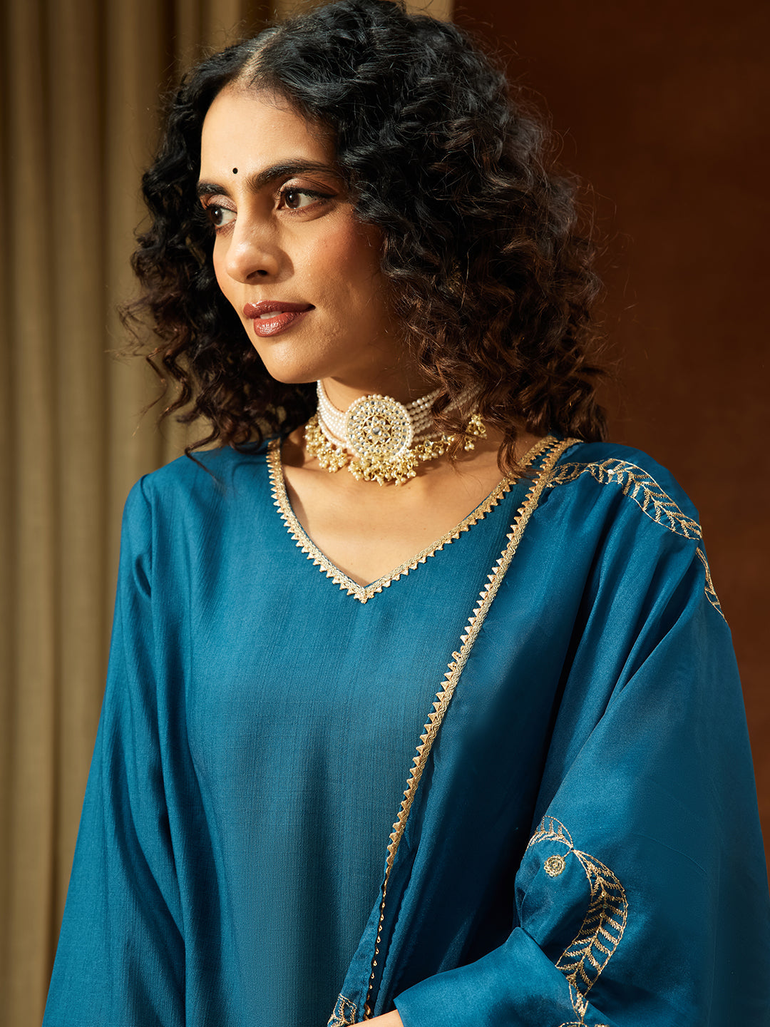 Janasya Women's Teal Blue Silk Blend Embellished Straight Kurta Set