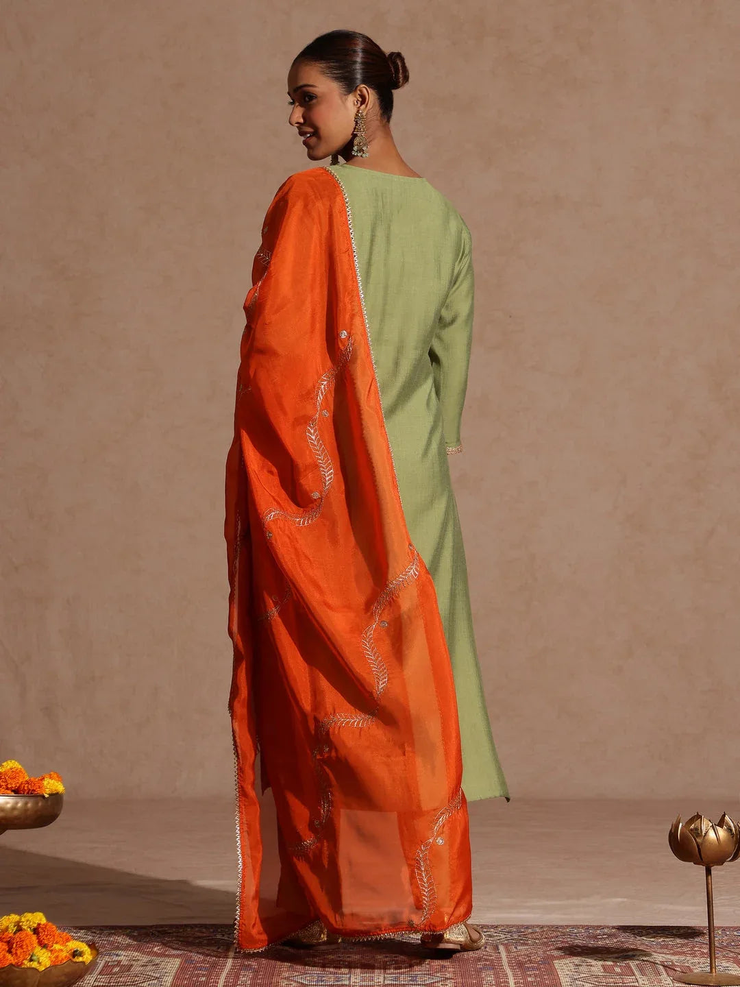 Janasya Women's Sage Green Silk Blend Embellished Straight Kurta Set