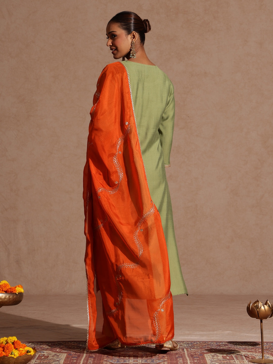 Janasya Women's Sage Green Silk Blend Embellished Straight Kurta Set - qivii