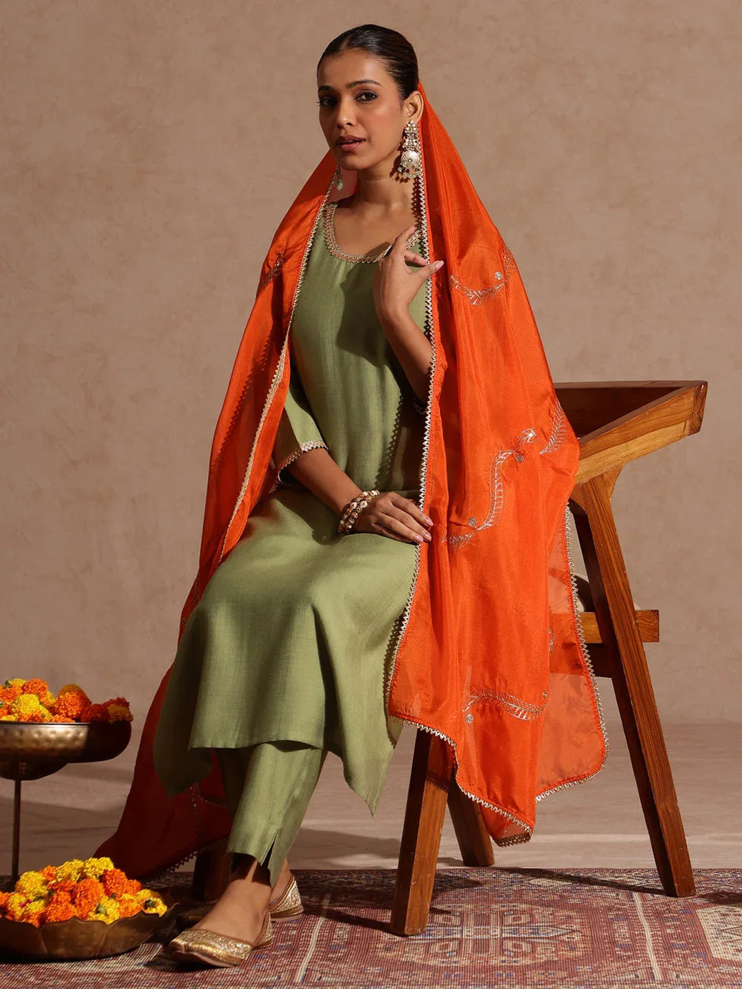 Janasya Women's Sage Green Silk Blend Embellished Straight Kurta Set