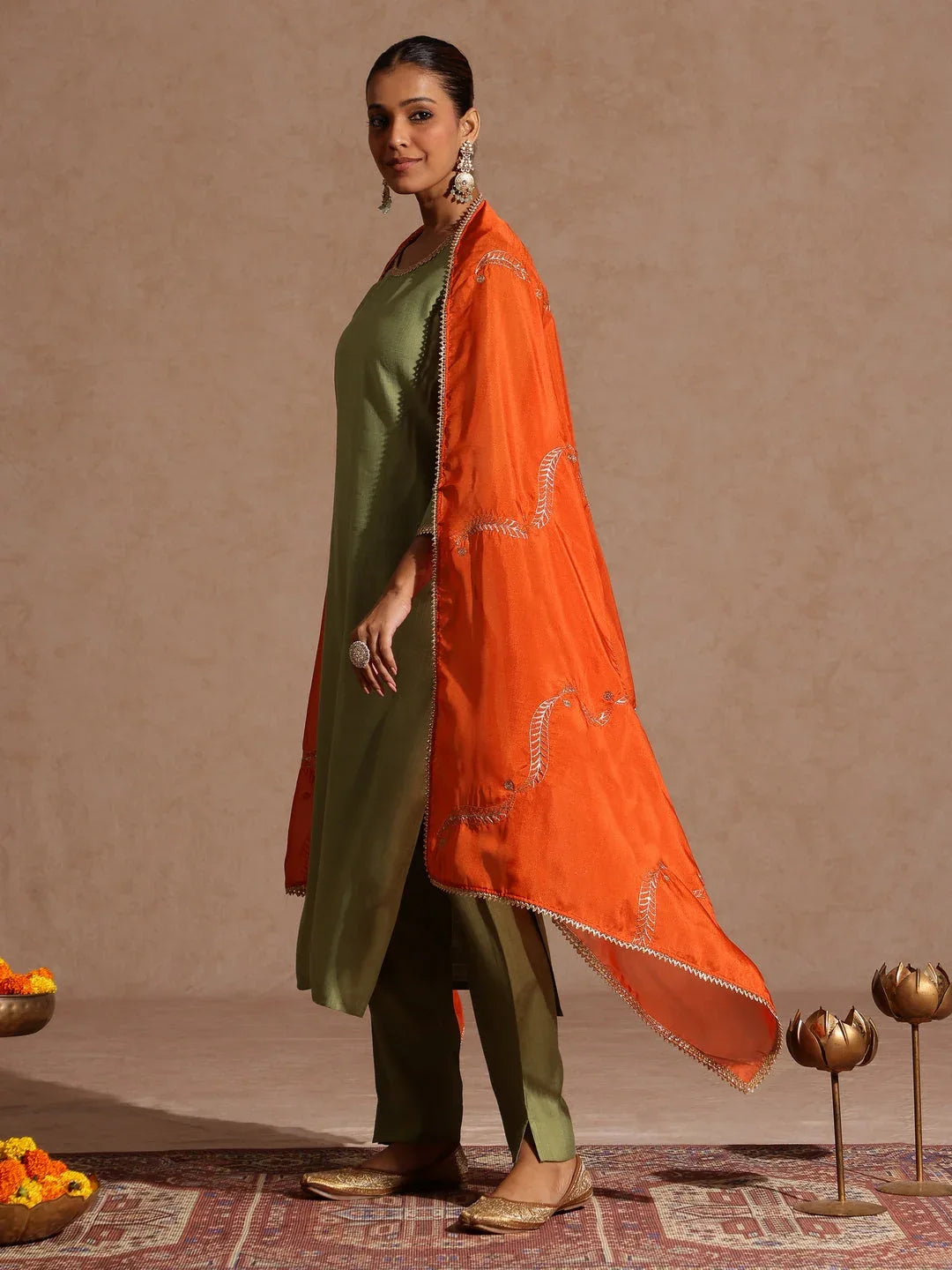 Janasya Women's Sage Green Silk Blend Embellished Straight Kurta Set