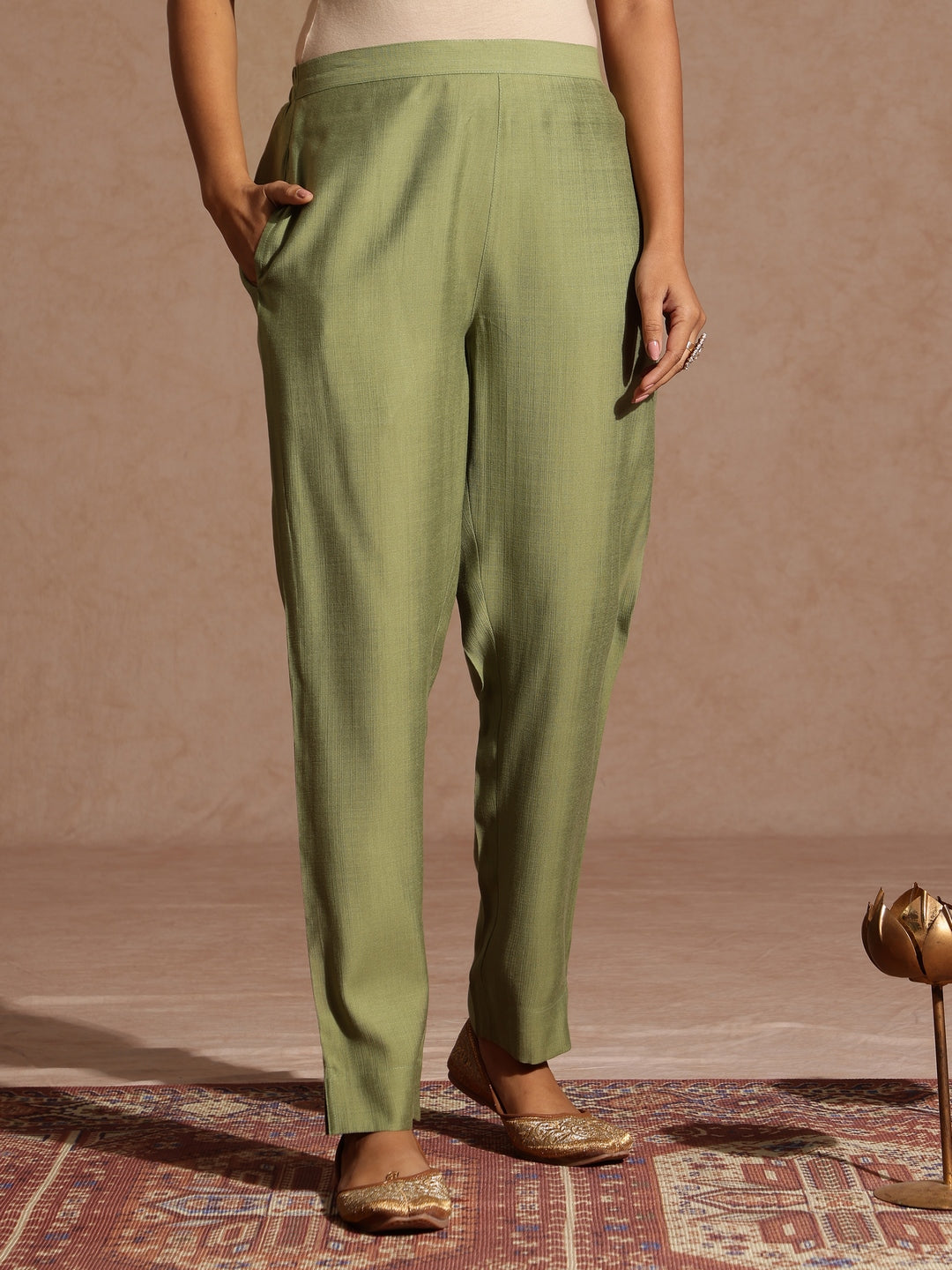 Janasya Women's Sage Green Silk Blend Embellished Straight Kurta Set - qivii