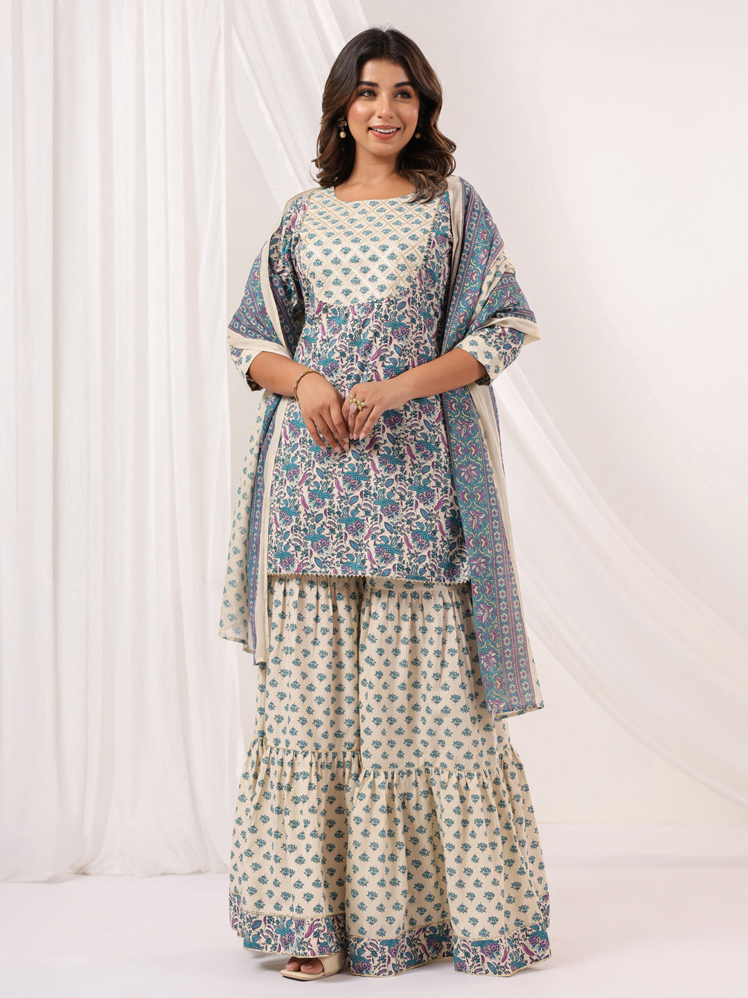 Janasya Women's Cream Pure Cotton Floral Printed Yoke Design Straight Kurta With Sharara & Dupatta Set - qivii