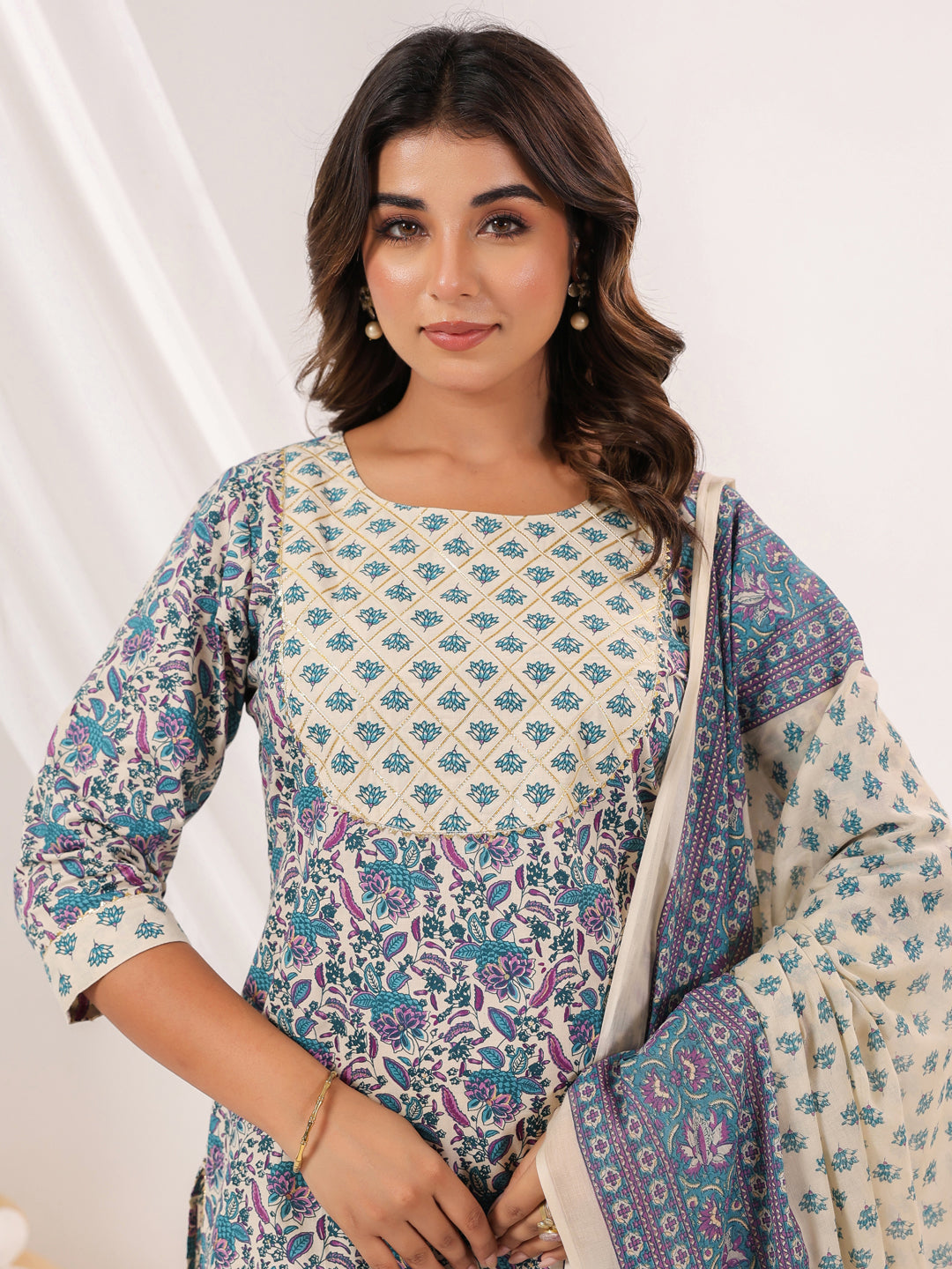 Janasya Women's Cream Pure Cotton Floral Printed Yoke Design Straight Kurta With Sharara & Dupatta Set - qivii