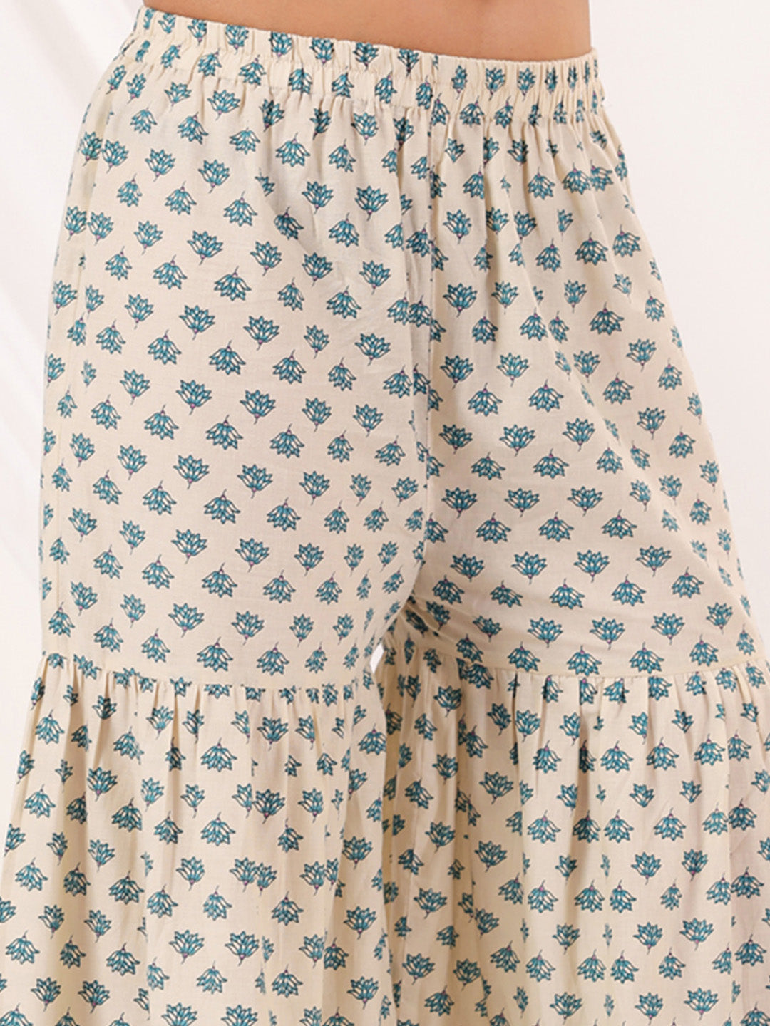 Janasya Women's Cream Pure Cotton Floral Printed Yoke Design Straight Kurta With Sharara & Dupatta Set - qivii