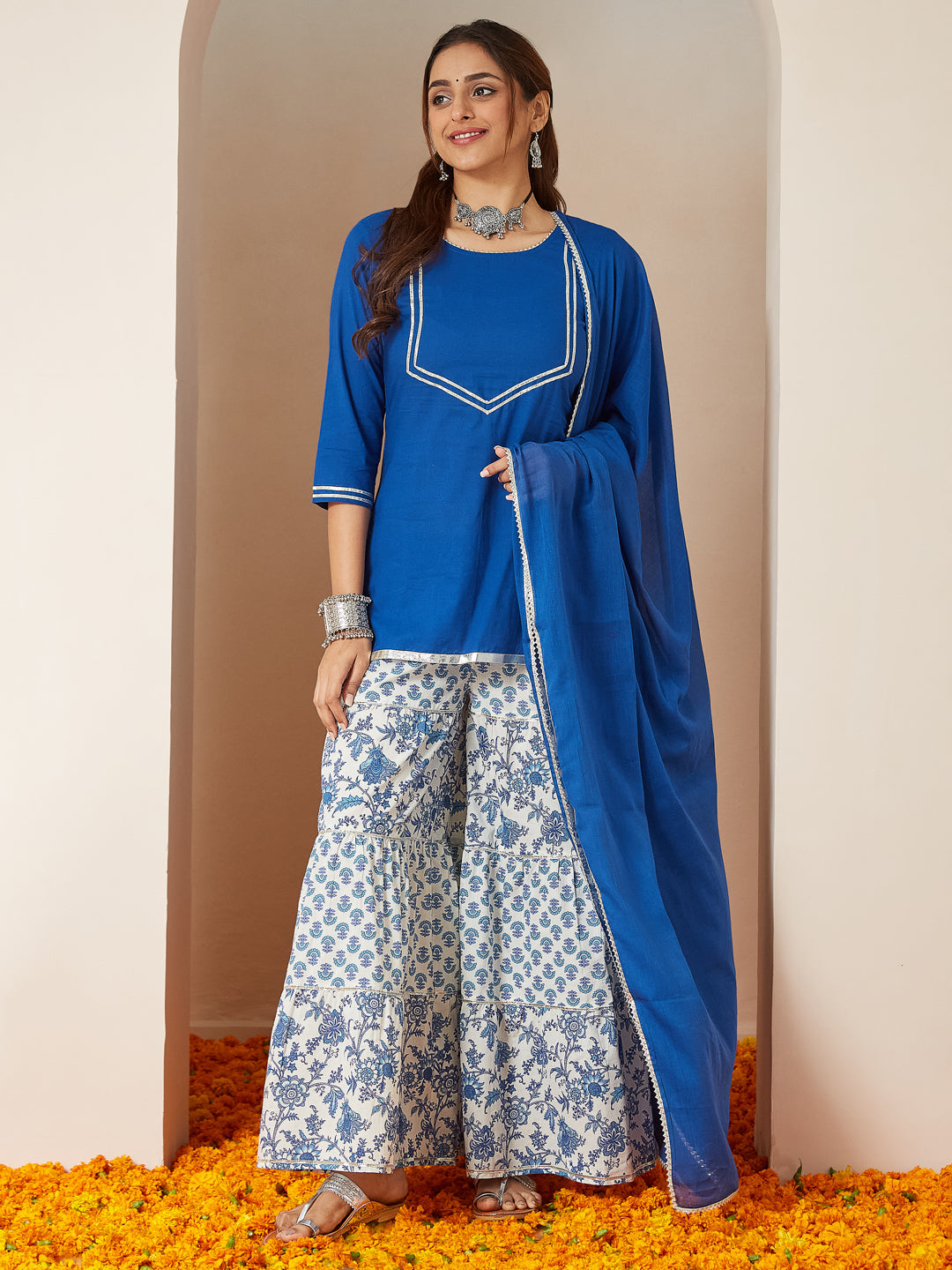 Janasya Women's Blue Pure Cotton Yoke Design Straight Kurti With Printed Sharara & Dupatta Set - qivii