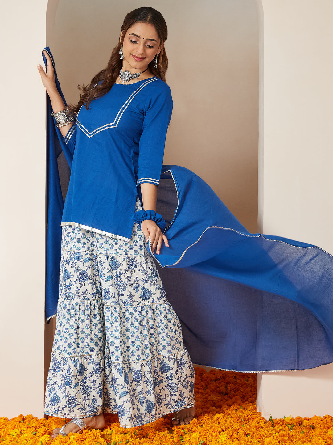 Janasya Women's Blue Pure Cotton Yoke Design Straight Kurti With Printed Sharara & Dupatta Set - qivii