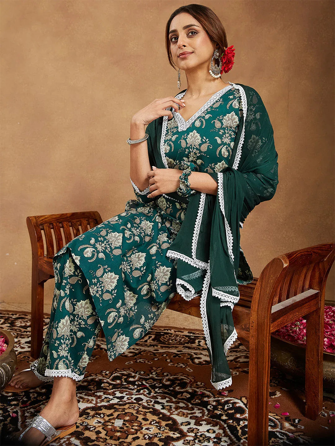 Janasya Women's Green Pure Cotton Paisley Printed Straight Kurta With Palazzo Set