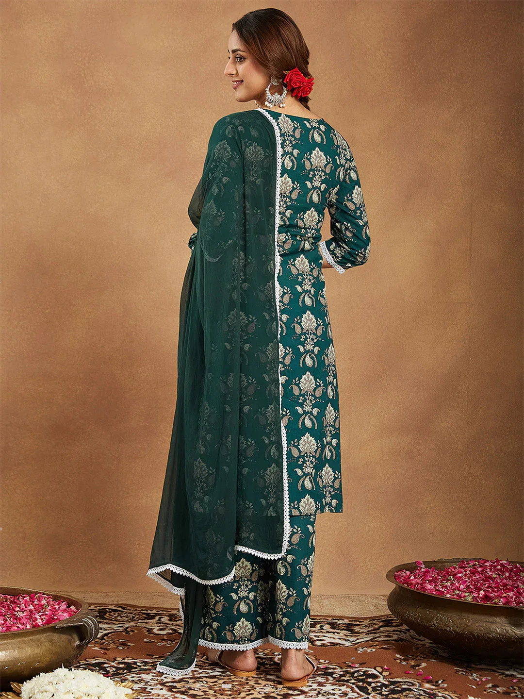Janasya Women's Green Pure Cotton Paisley Printed Straight Kurta With Palazzo Set