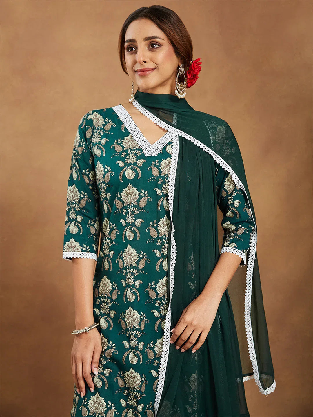 Janasya Women's Green Pure Cotton Paisley Printed Straight Kurta With Palazzo Set