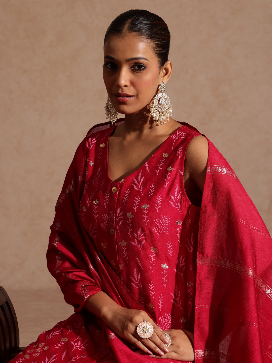 Janasya Women's Pink Silk Blend Gold Printed Straight Kurta Set - qivii