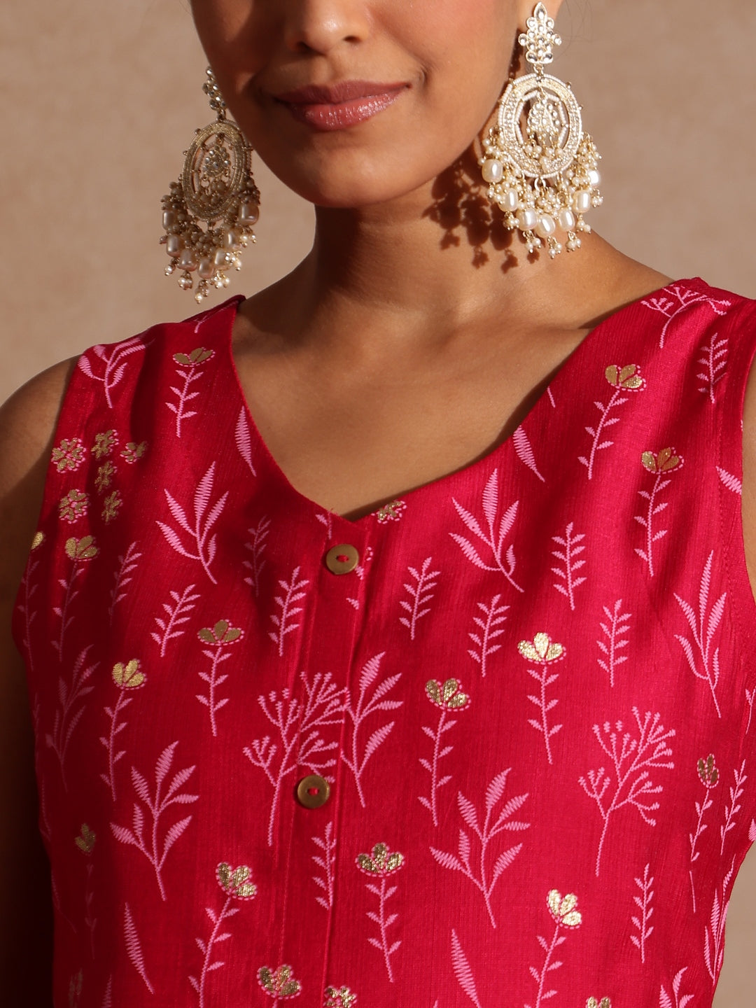 Janasya Women's Pink Silk Blend Gold Printed Straight Kurta Set - qivii