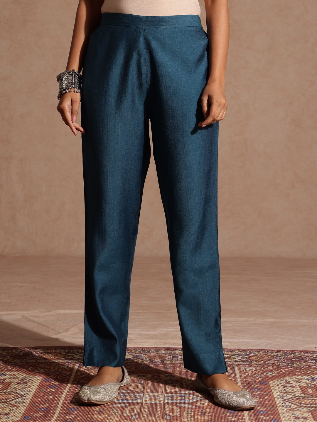 Janasya Women's Teal Blue Silk Blend Embellished Gold Foil Printed Straight Kurta Set - qivii