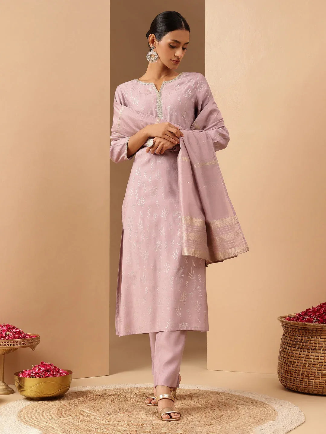 Janasya Women's Lavender Silk Blend Embellished Gold Printed Straight Kurta Set