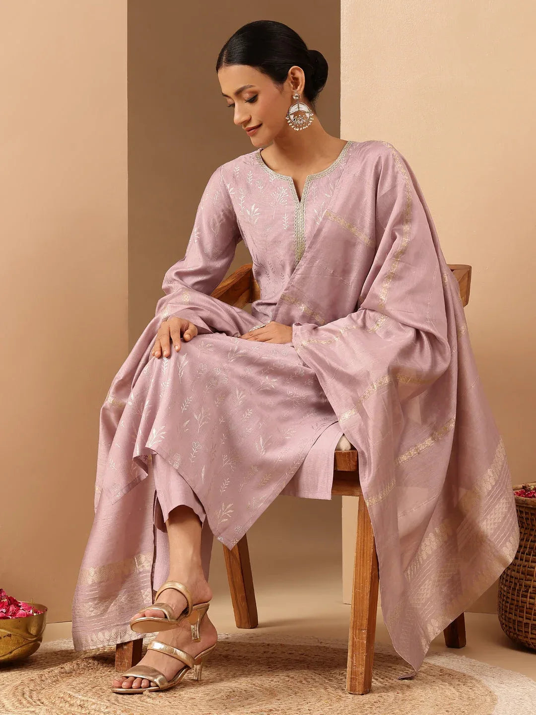 Janasya Women's Lavender Silk Blend Embellished Gold Printed Straight Kurta Set