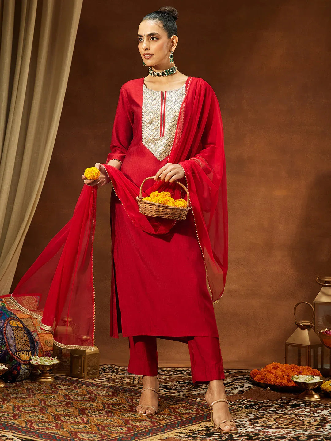 Janasya Women's Maroon Silk Blend Embellished Straight Kurta Set