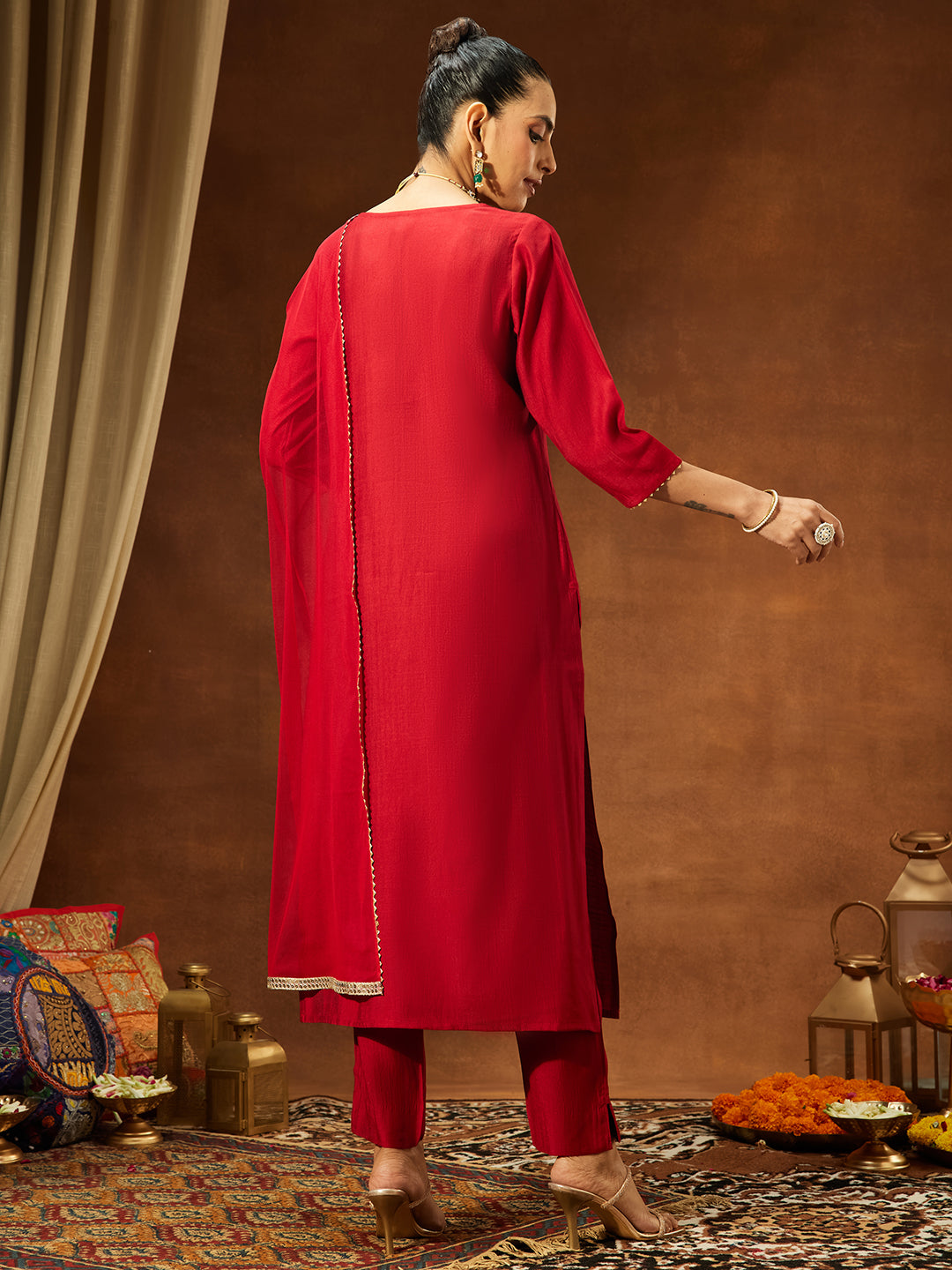 Janasya Women's Maroon Silk Blend Embellished Straight Kurta Set - qivii