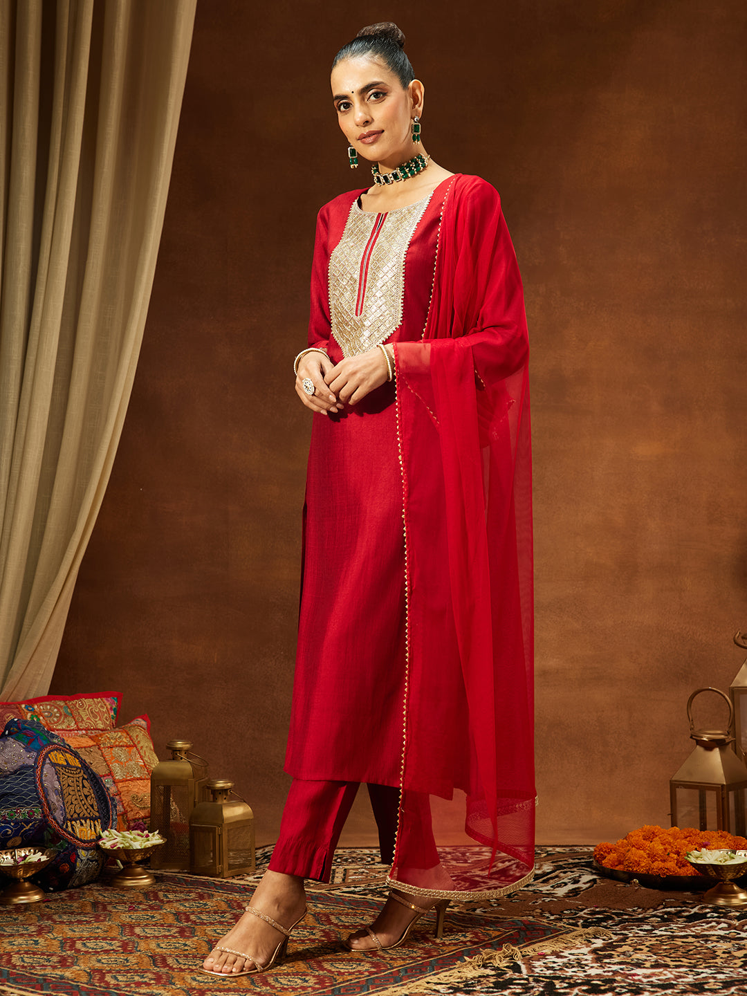 Janasya Women's Maroon Silk Blend Embellished Straight Kurta Set - qivii