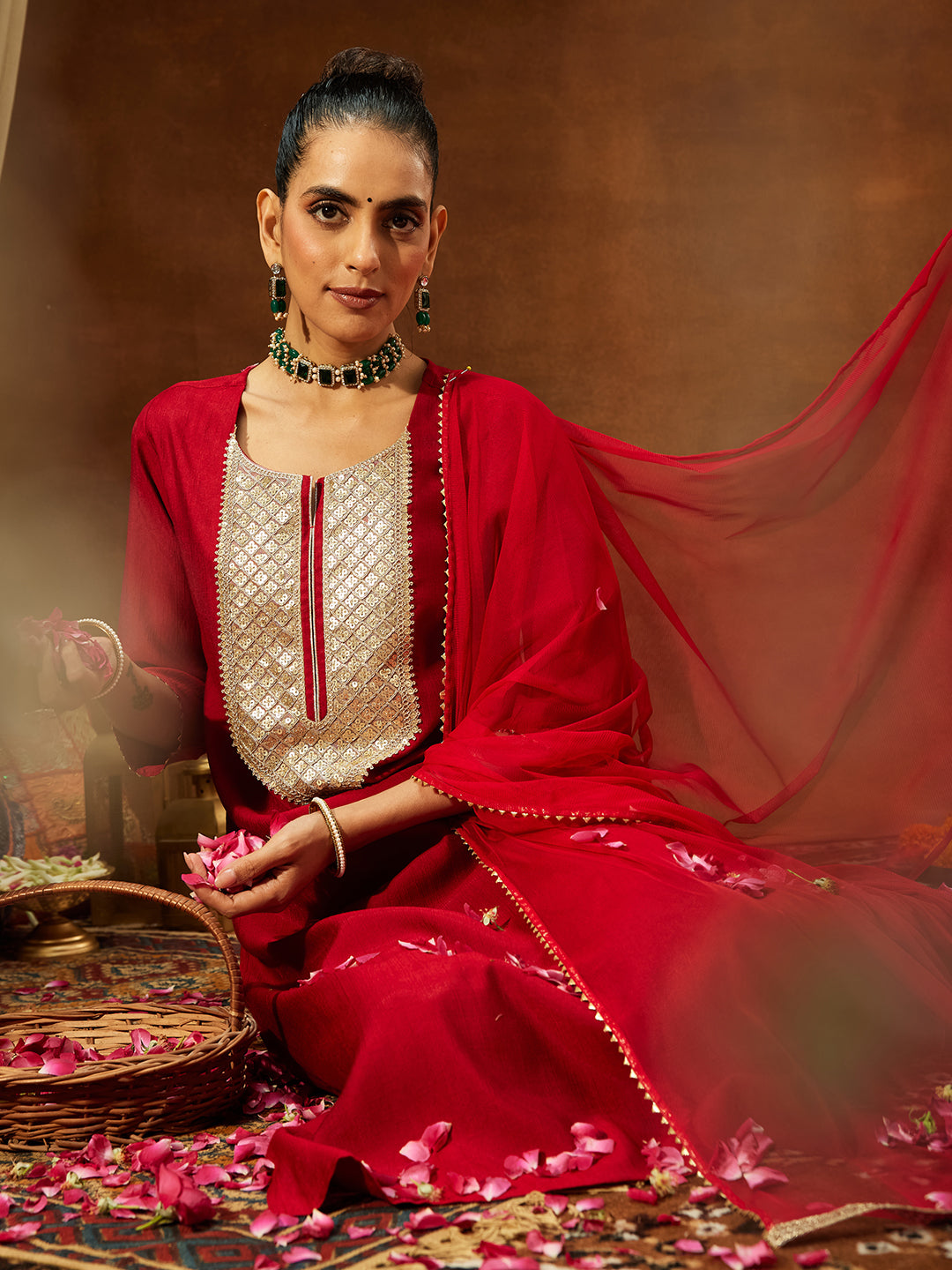 Janasya Women's Maroon Silk Blend Embellished Straight Kurta Set - qivii