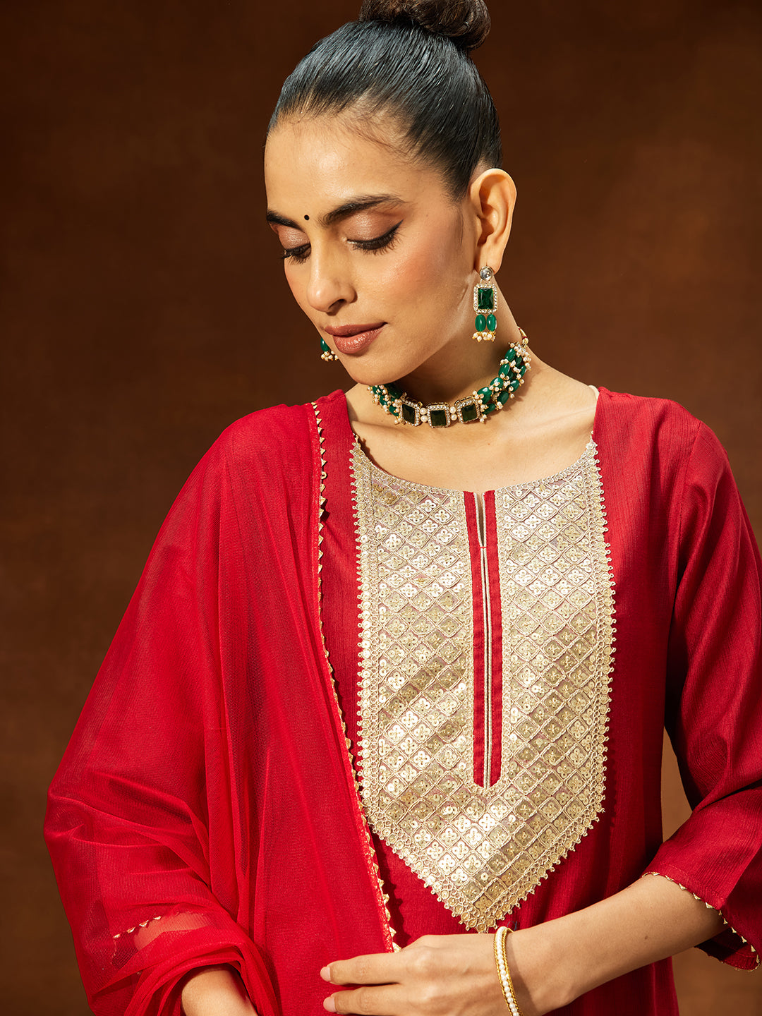 Janasya Women's Maroon Silk Blend Embellished Straight Kurta Set - qivii