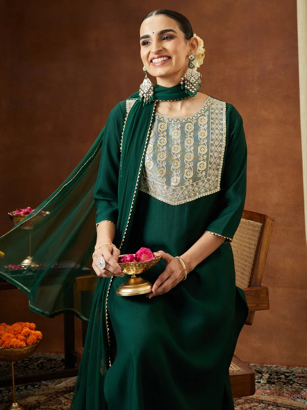 Janasya Women's Bottle Green Silk Blend Embellished Yoke Design Straight Kurta Set