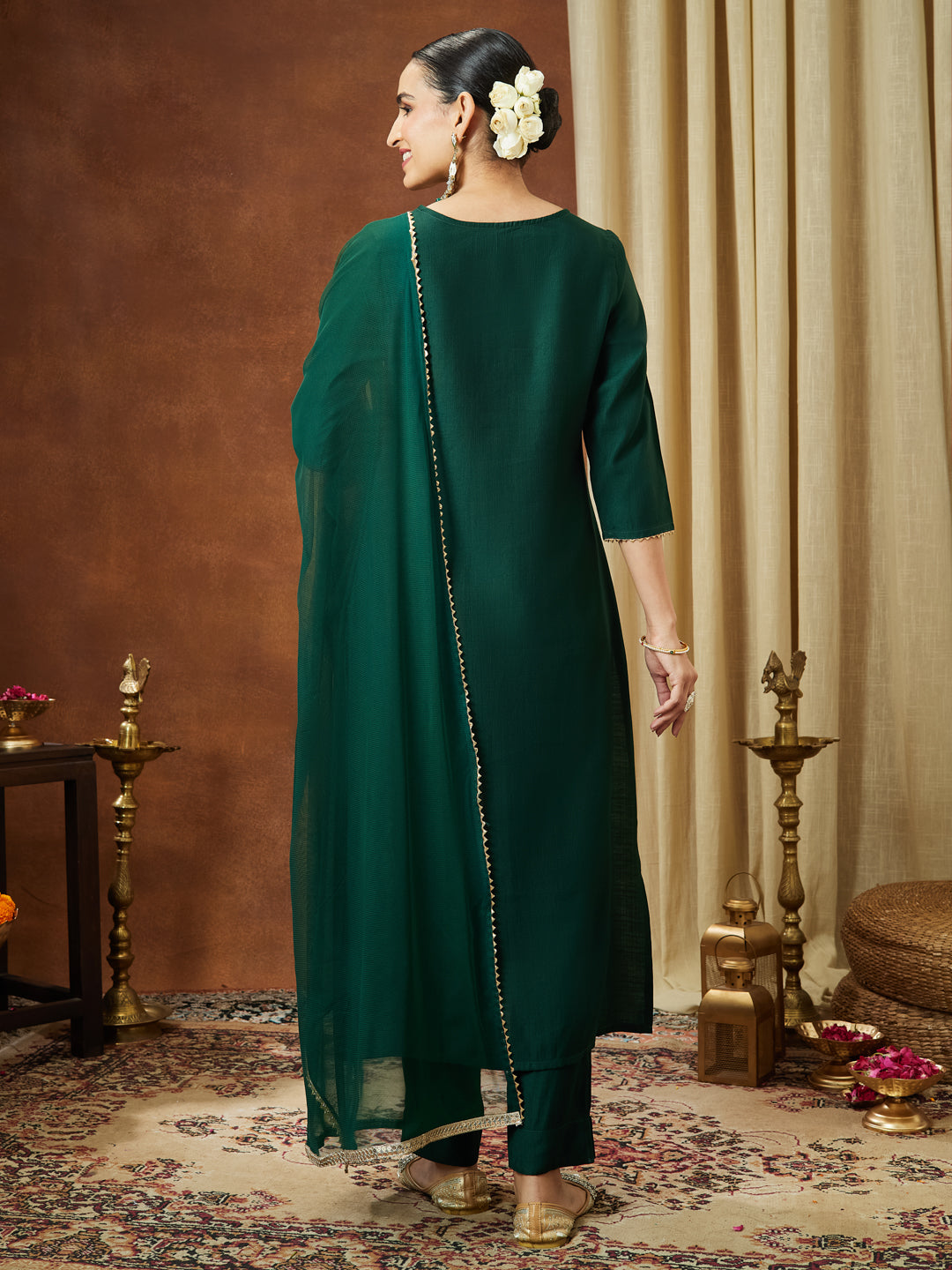 Janasya Women's Bottle Green Silk Blend Embellished Yoke Design Straight Kurta Set