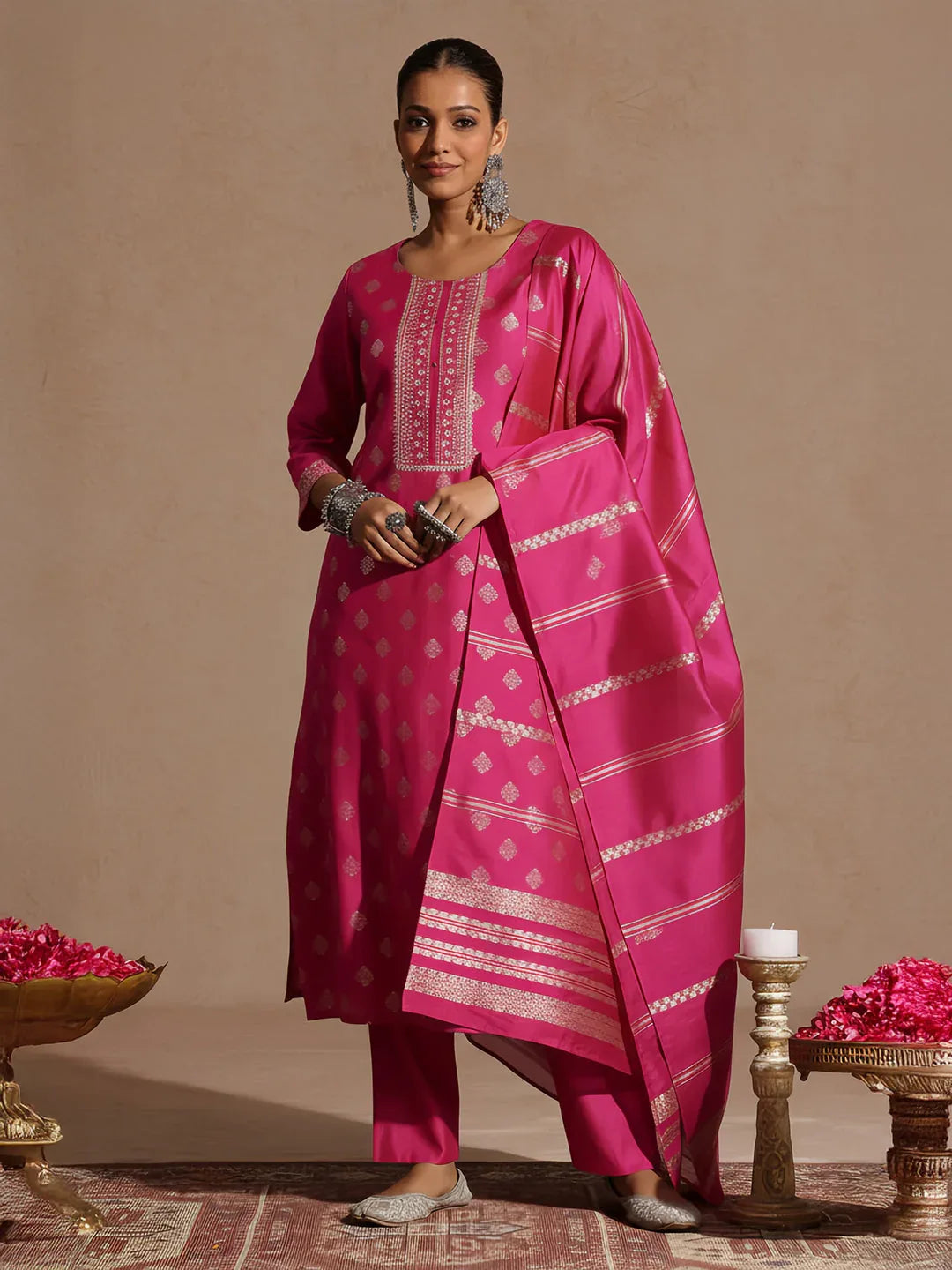 Janasya Women's Pink Silk Blend Embellished Foil Printed Straight Kurta Set