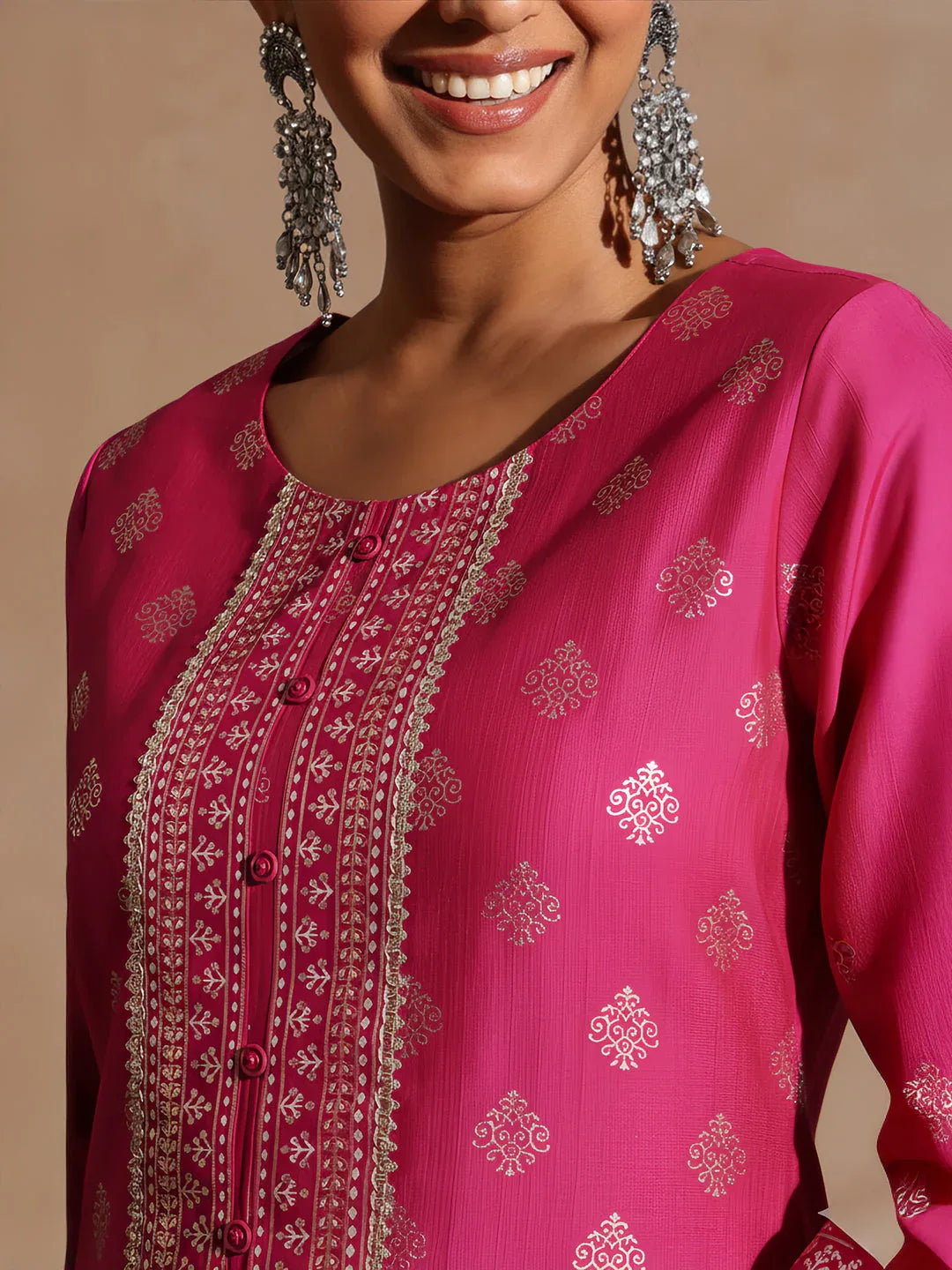 Janasya Women's Pink Silk Blend Embellished Foil Printed Straight Kurta Set