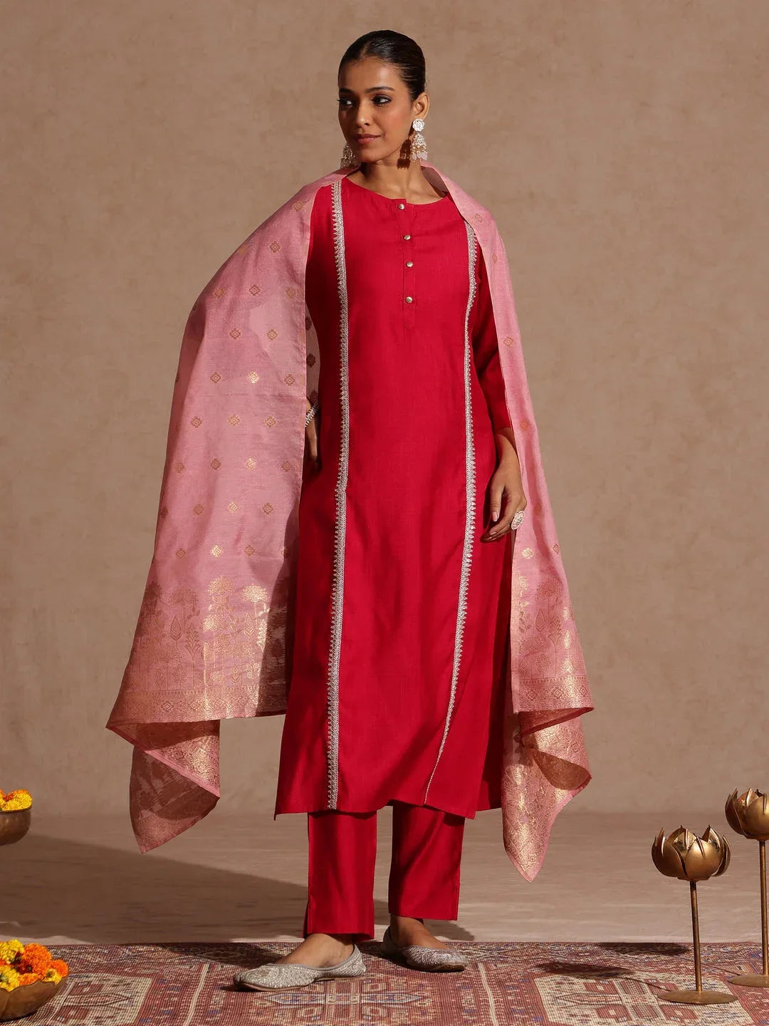Janasya Women's Pink Silk Blend Embellished Straight Kurta Set