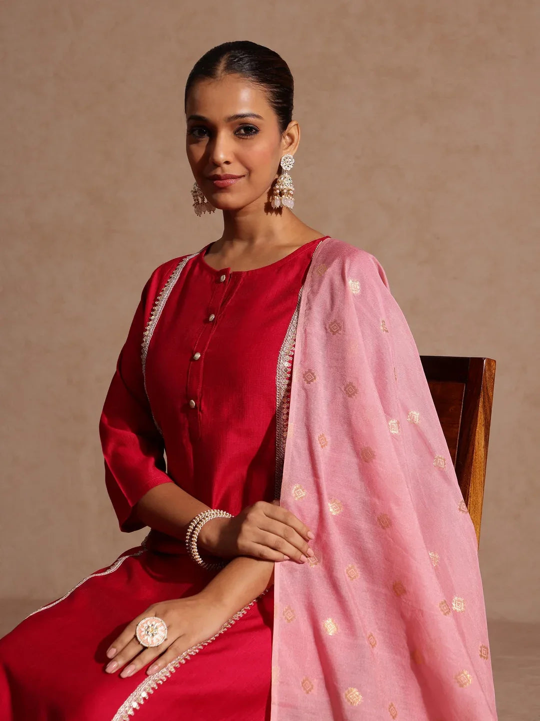 Janasya Women's Pink Silk Blend Embellished Straight Kurta Set