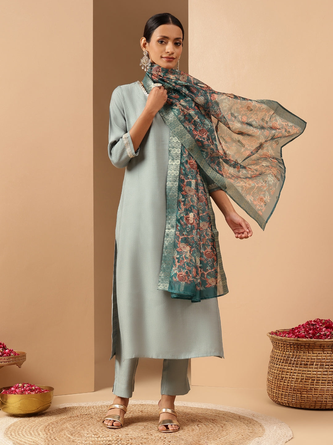 Janasya Women's Powder Blue Silk Blend Embellished Straight Kurta Set With Printed Jacquard Dupatta - qivii