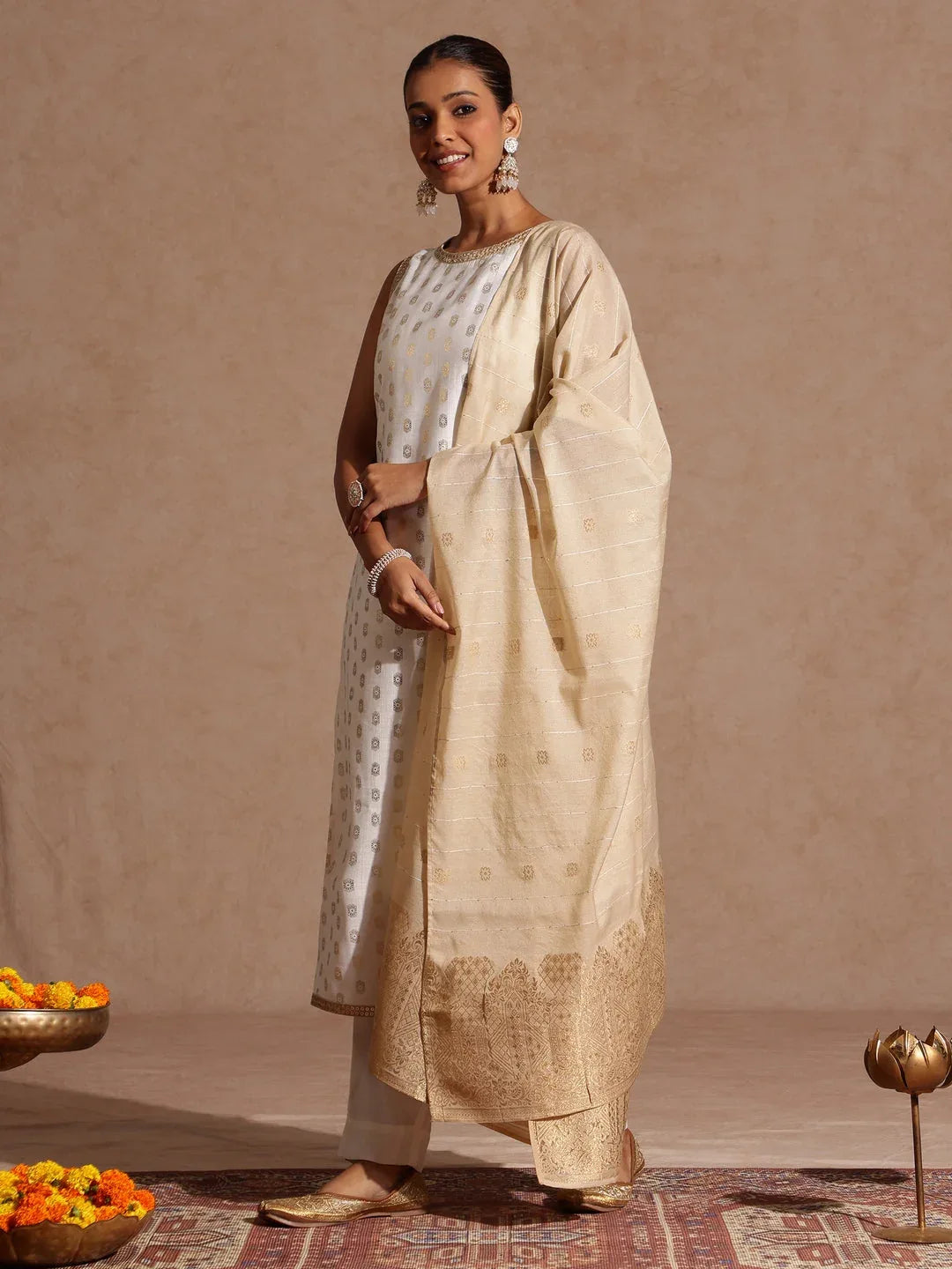 Janasya Women's White Silk Blend Embellished Gold Printed Straight Kurta Set