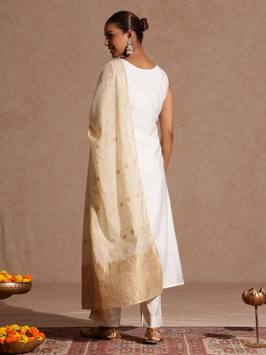 Janasya Women's White Silk Blend Embellished Gold Printed Straight Kurta Set - qivii