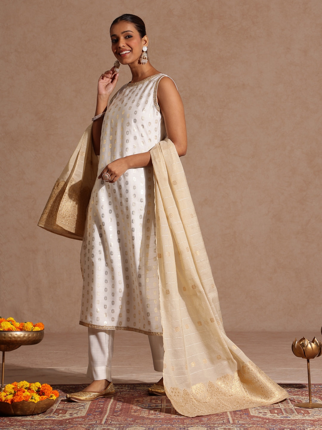 Janasya Women's White Silk Blend Embellished Gold Printed Straight Kurta Set - qivii