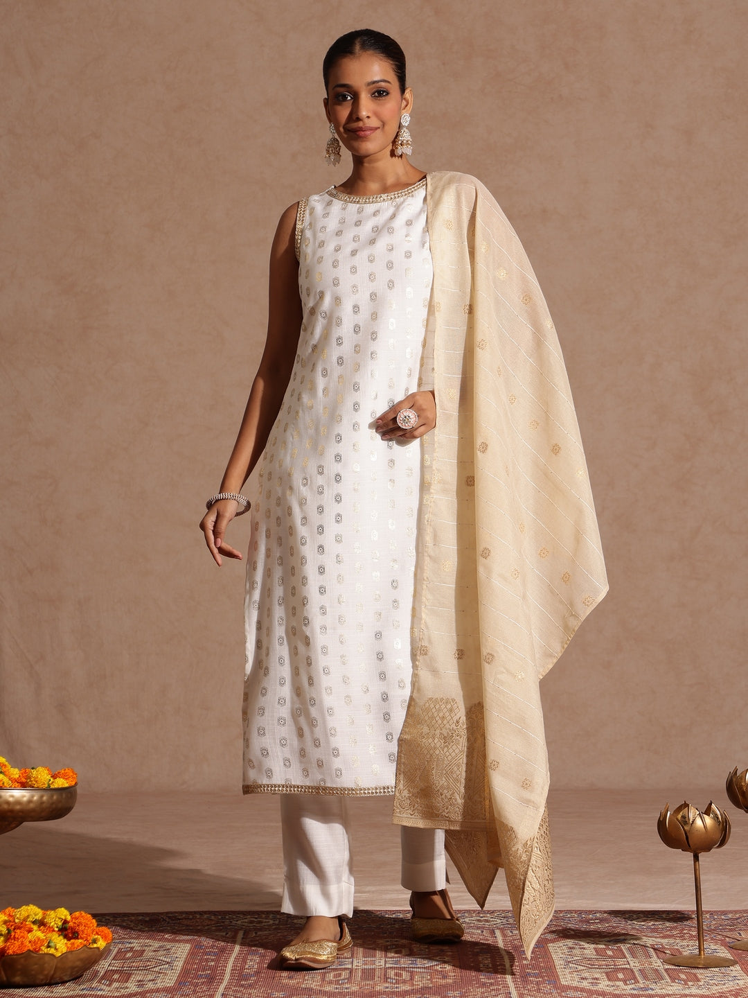 Janasya Women's White Silk Blend Embellished Gold Printed Straight Kurta Set - qivii